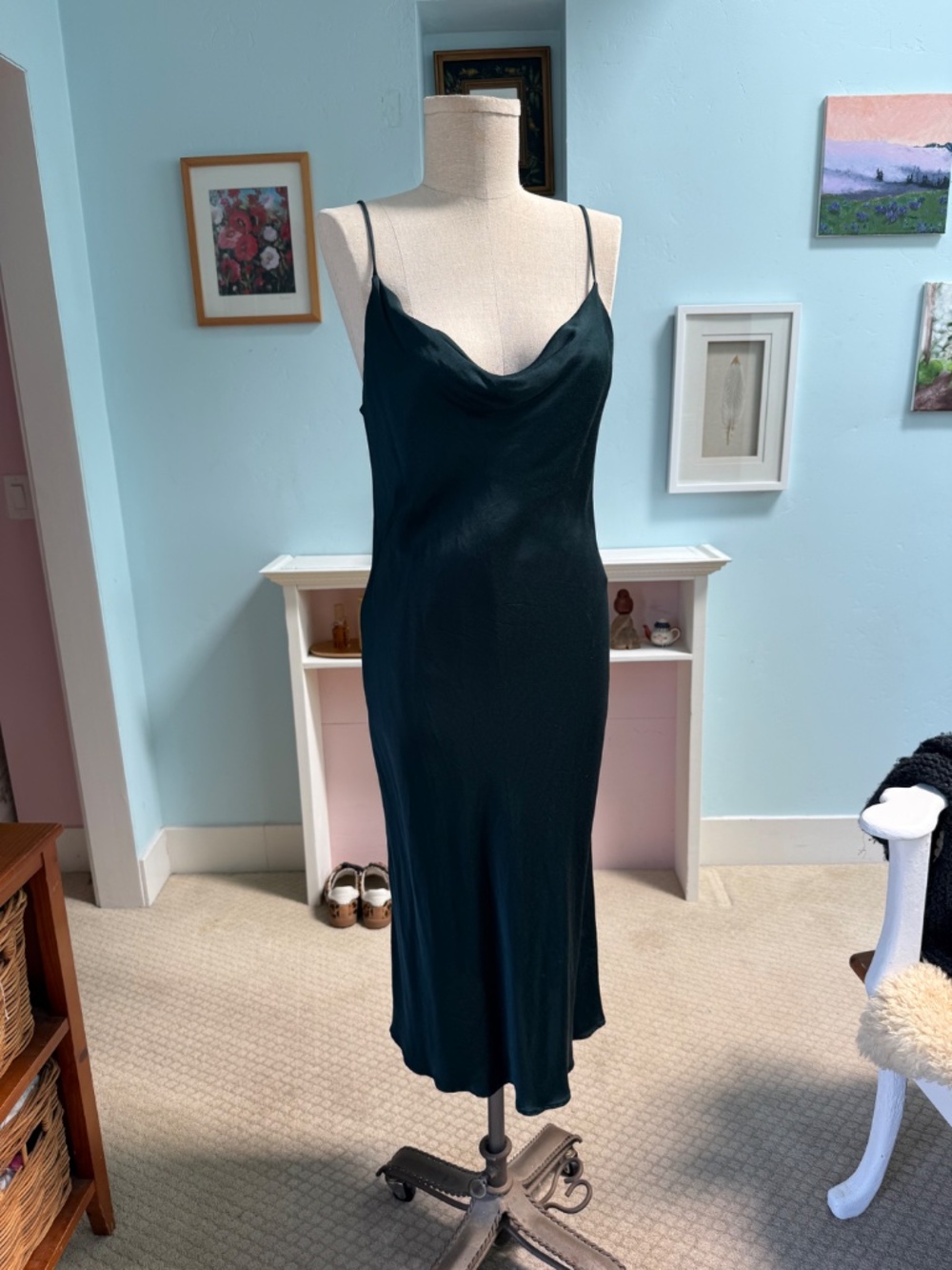 Zara forest green/ dark teal satin cowl neck midi slip dress | Size large - Picture 6 of 6
